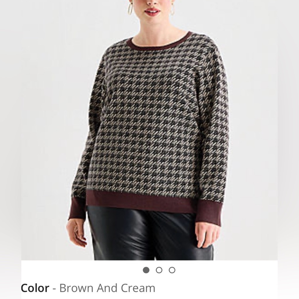 Worthington Brown & Cream Houndstooth Crewneck Sweater